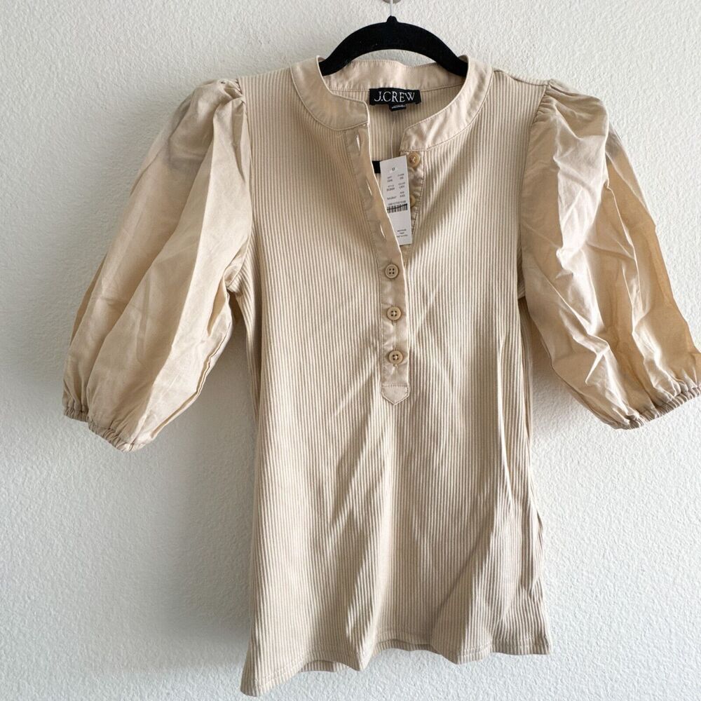 J.Crew New Vintage Rib Puff Sleeve Henley Top in Light Khaki Natural Size XXS